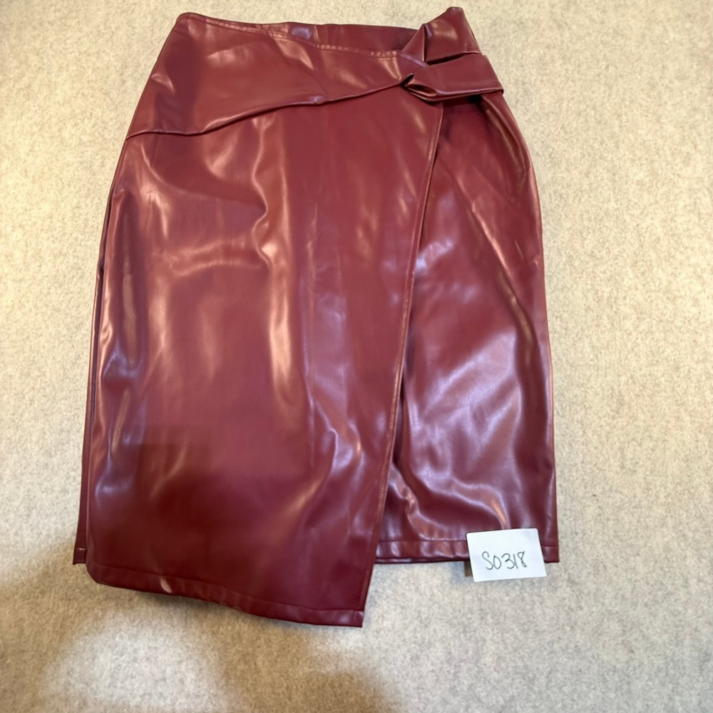 Kate Kasin Burgundy Faux Leather Wrap Midi Skirt Side Knot Pencil Wine Red Large